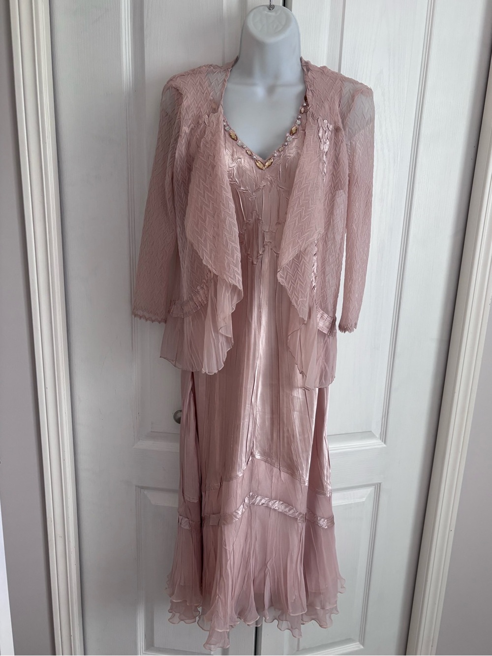 Komarov Blush Pink Layered Chiffon Maxi Dress with Sheer Jacket